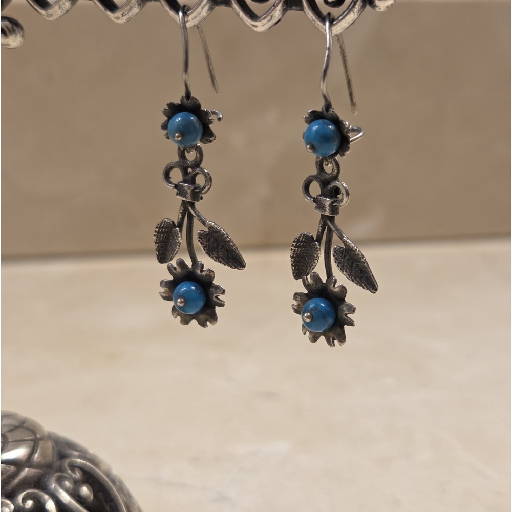Vintage Zuni Sterling Silver & Turquoise Sunflower Dangle Earrings Signed Native - Picture 2 of 5